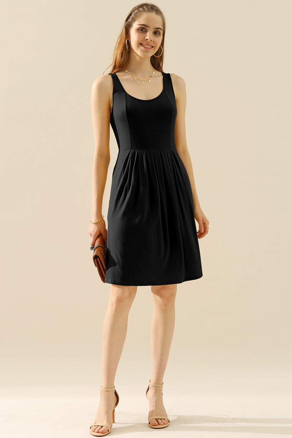 Doublju Full Size Round Neck Ruched Sleeveless Dress with Pockets Black