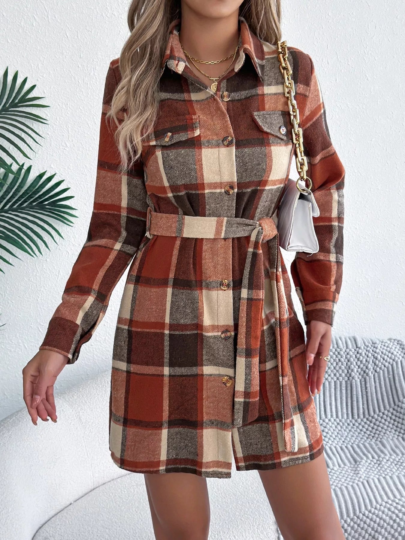 Plaid Button-Front Tie Waist Shirt Dress Orange