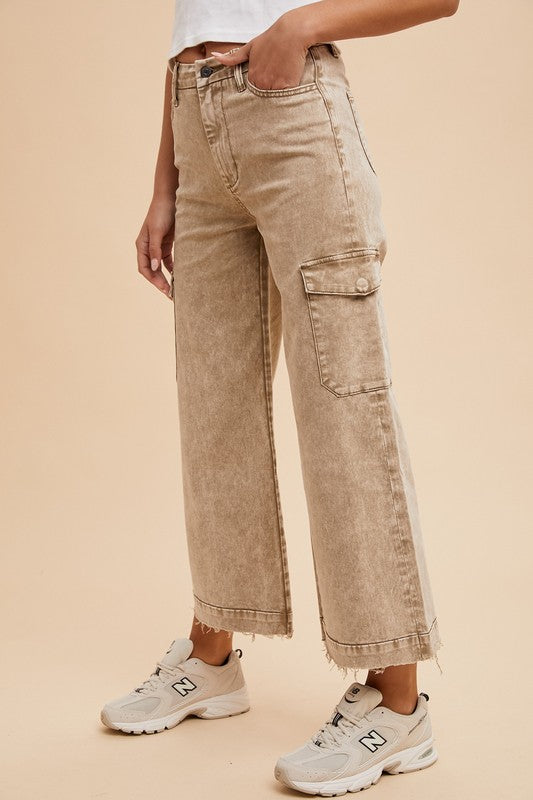 Annie Wear Raw Hem Wide-Leg Jeans with Cargo Pockets