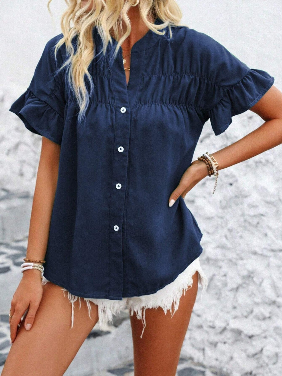 Button Down Ruffled Short Sleeve Shirt - Chic & Elegant Dark Blue
