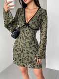 Floral Print Flare-Sleeve Mini Dress Moss