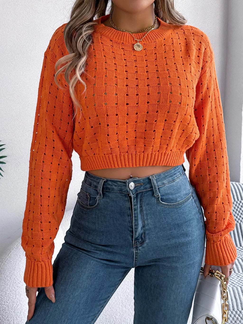 Cutout Back Openwork Knit Long Sleeve Sweater