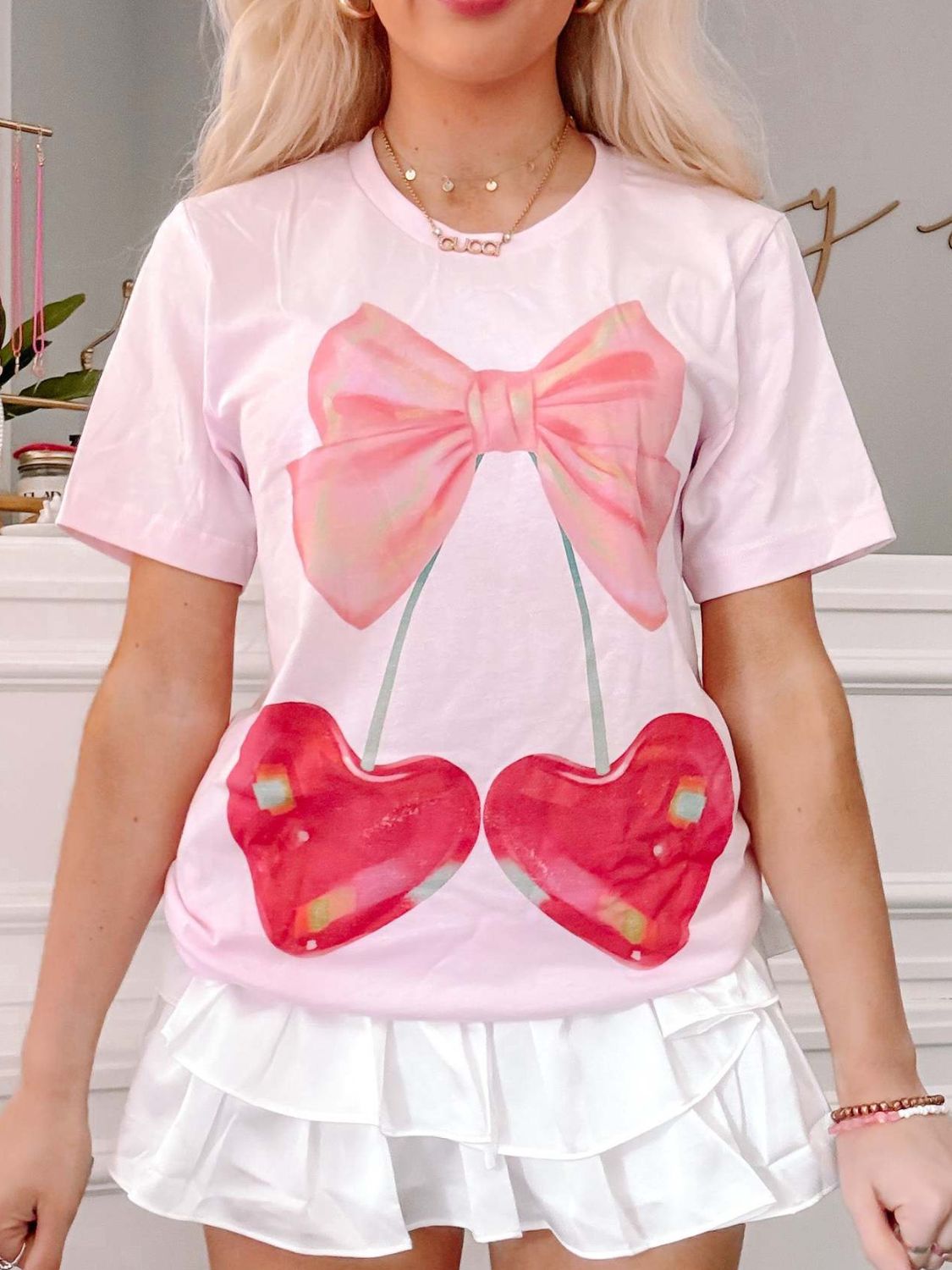 Bow & Cherry Round Neck T-Shirt - Cute & Casual Blush Pink
