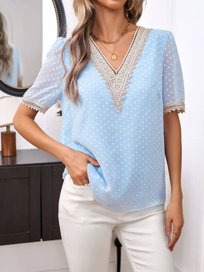 Lace Detail V-Neck Short Sleeve Blouse