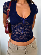 Devine V-Neck Short Sleeve Lace Top - Feminine & Stretchy