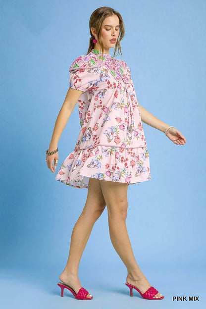 Umgee Floral Print Tie Neck Puff Sleeve Dress