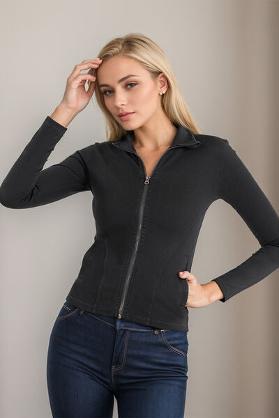 Basic Bae Pocketed Turtleneck Zip-Up Denim Top Black