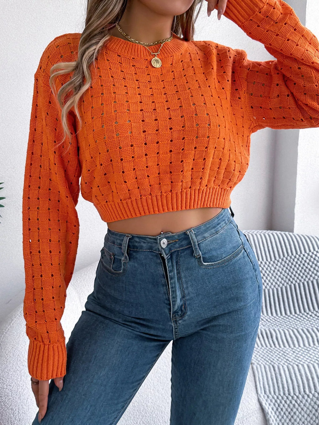 Cutout Back Openwork Knit Long Sleeve Sweater