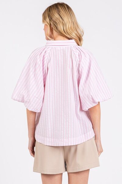 Mittoshop Button-Down Striped Puff Sleeve Shirt