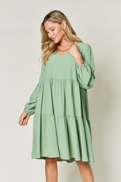 Full Size V-Neck Tiered Balloon Sleeve Dress with Pockets Light Green