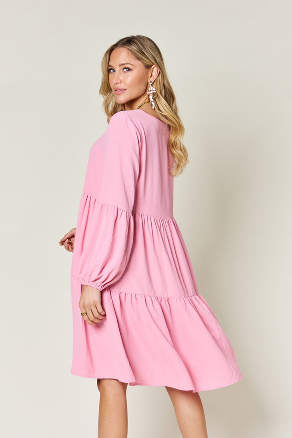 Full Size V-Neck Tiered Balloon Sleeve Dress with Pockets