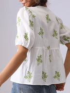 Embroidered V-Neck Puff Sleeve Peplum Blouse