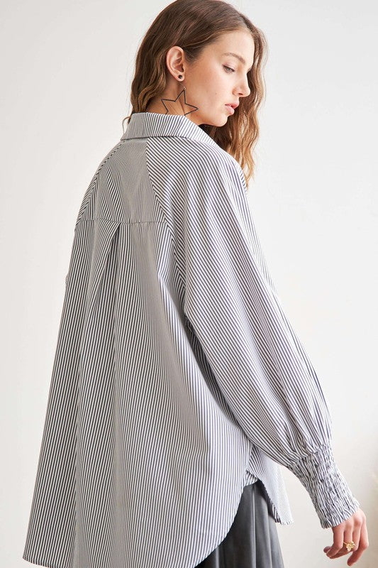 Adora Striped High-Low Smocked Lantern Sleeve Shirt