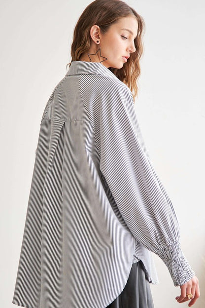 Adora Striped High-Low Smocked Lantern Sleeve Shirt