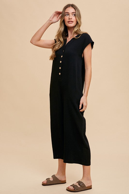 Annie Wear Button Detail Wide-Leg Jumpsuit with Pockets