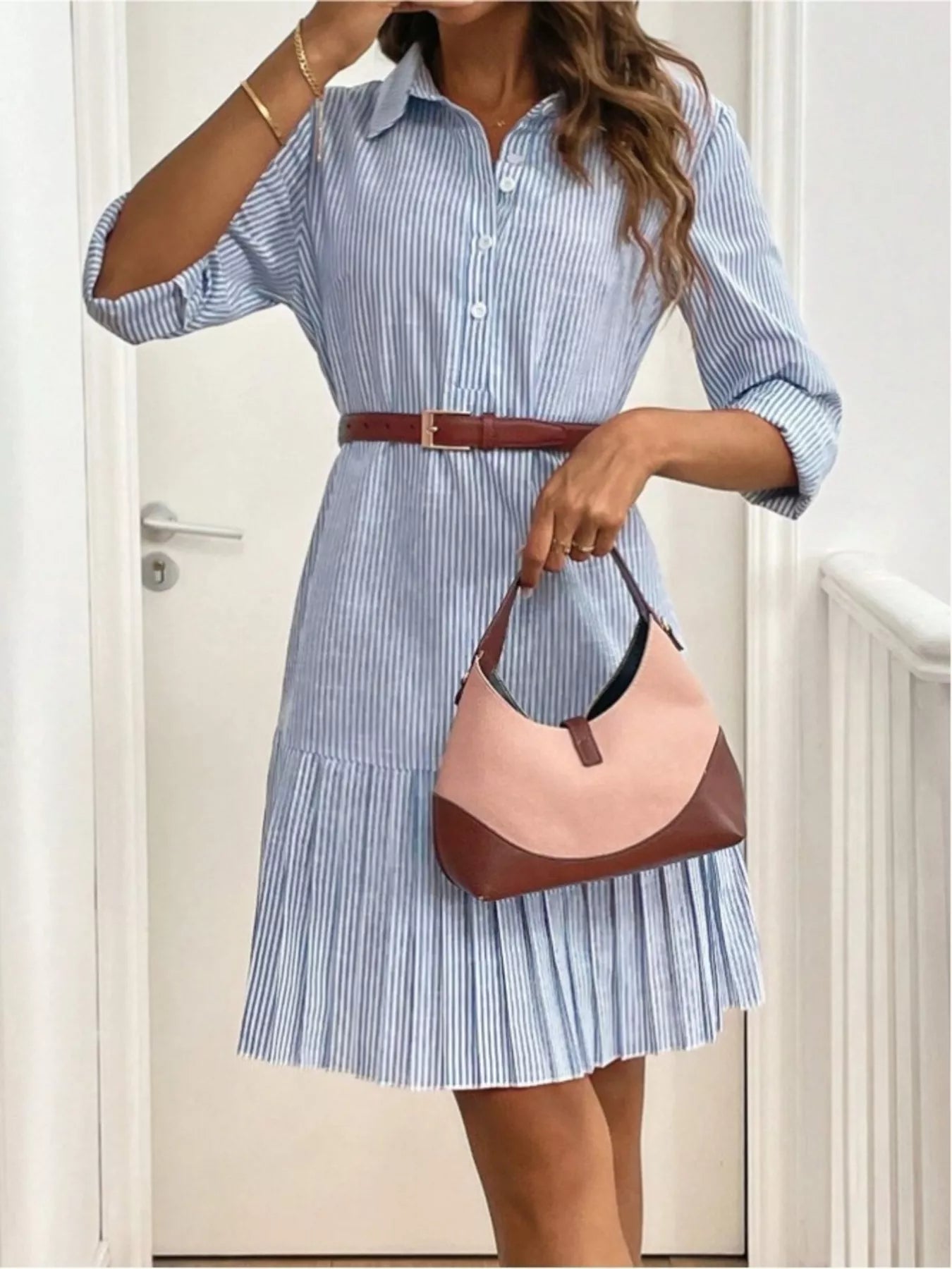 Classic Striped Pleated Hem Button-Up Shirt Dress