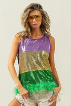 BiBi Mardi Gras Color Block Sequin Top with Faux Feather Hem