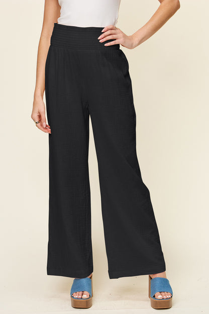 Double Take Full Size Textured Smocked Waist Wide Leg Pants Black