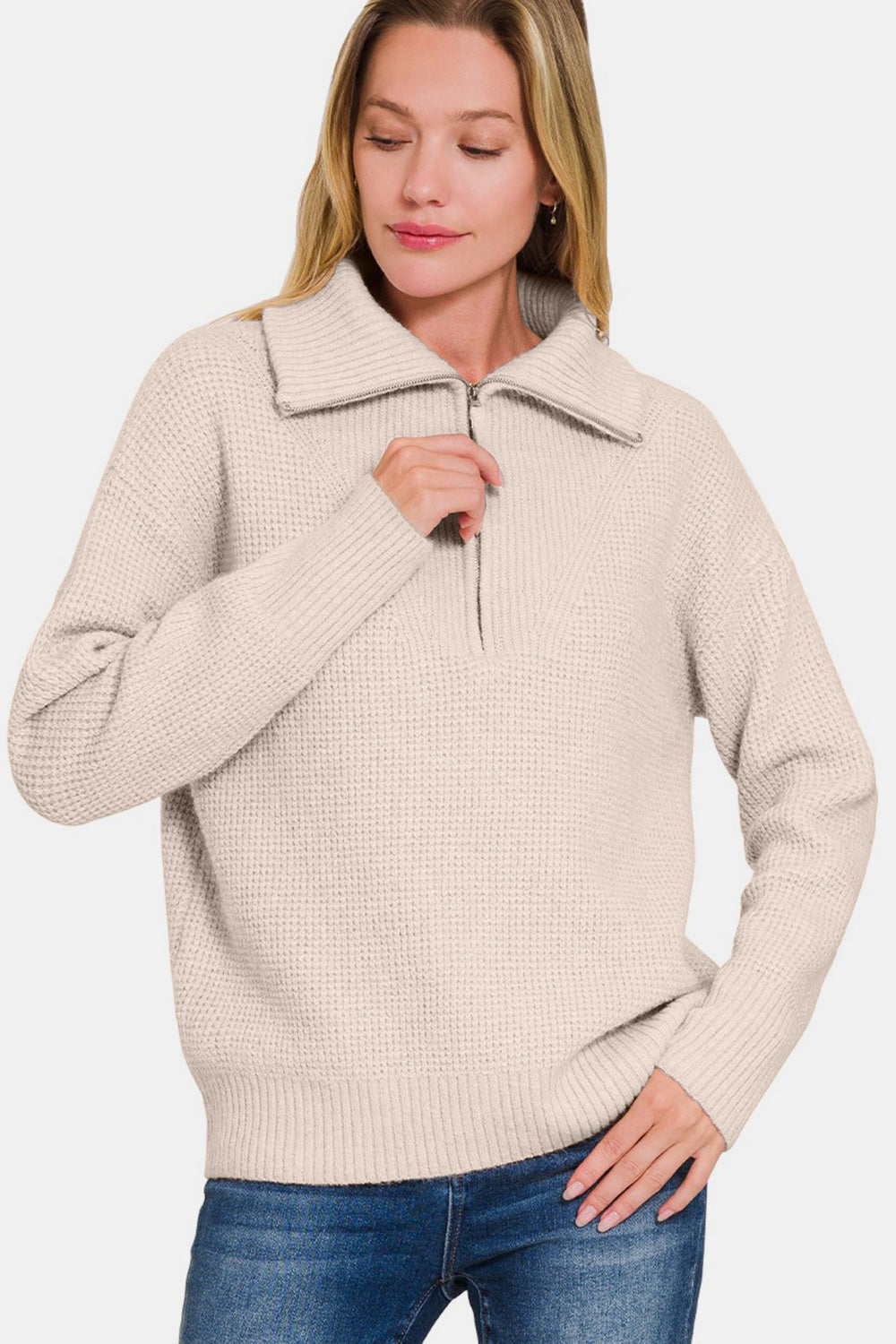 Zenana Half-Zip Ribbed Long Sleeve Sweater