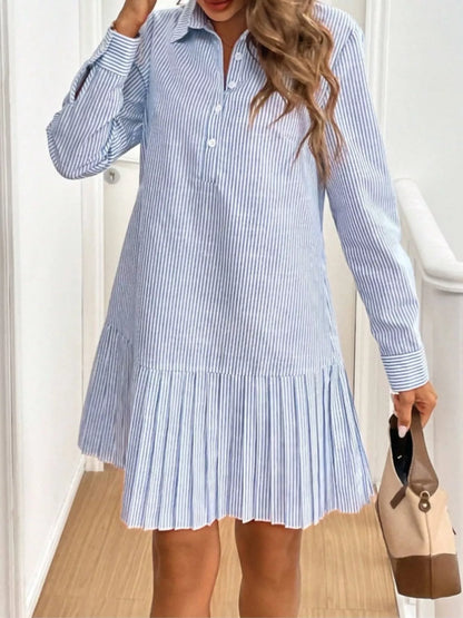Classic Striped Pleated Hem Button-Up Shirt Dress