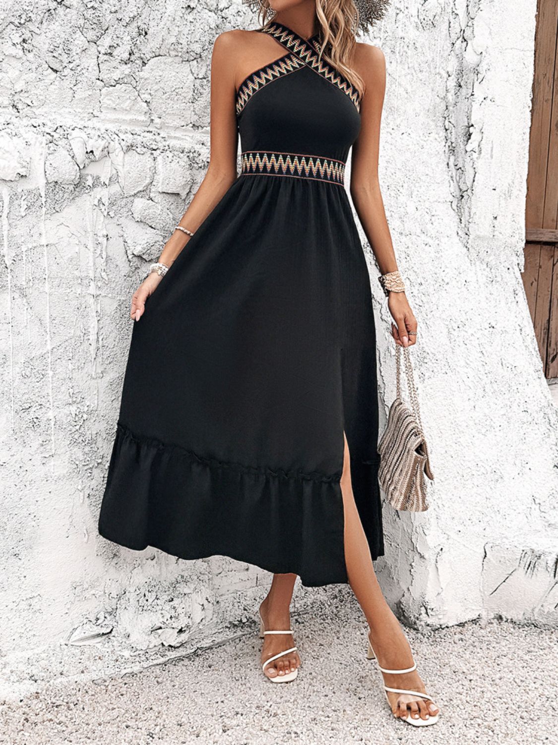 Devine Ruffled Slit Sleeveless Midi Dress - Elegant & Chic