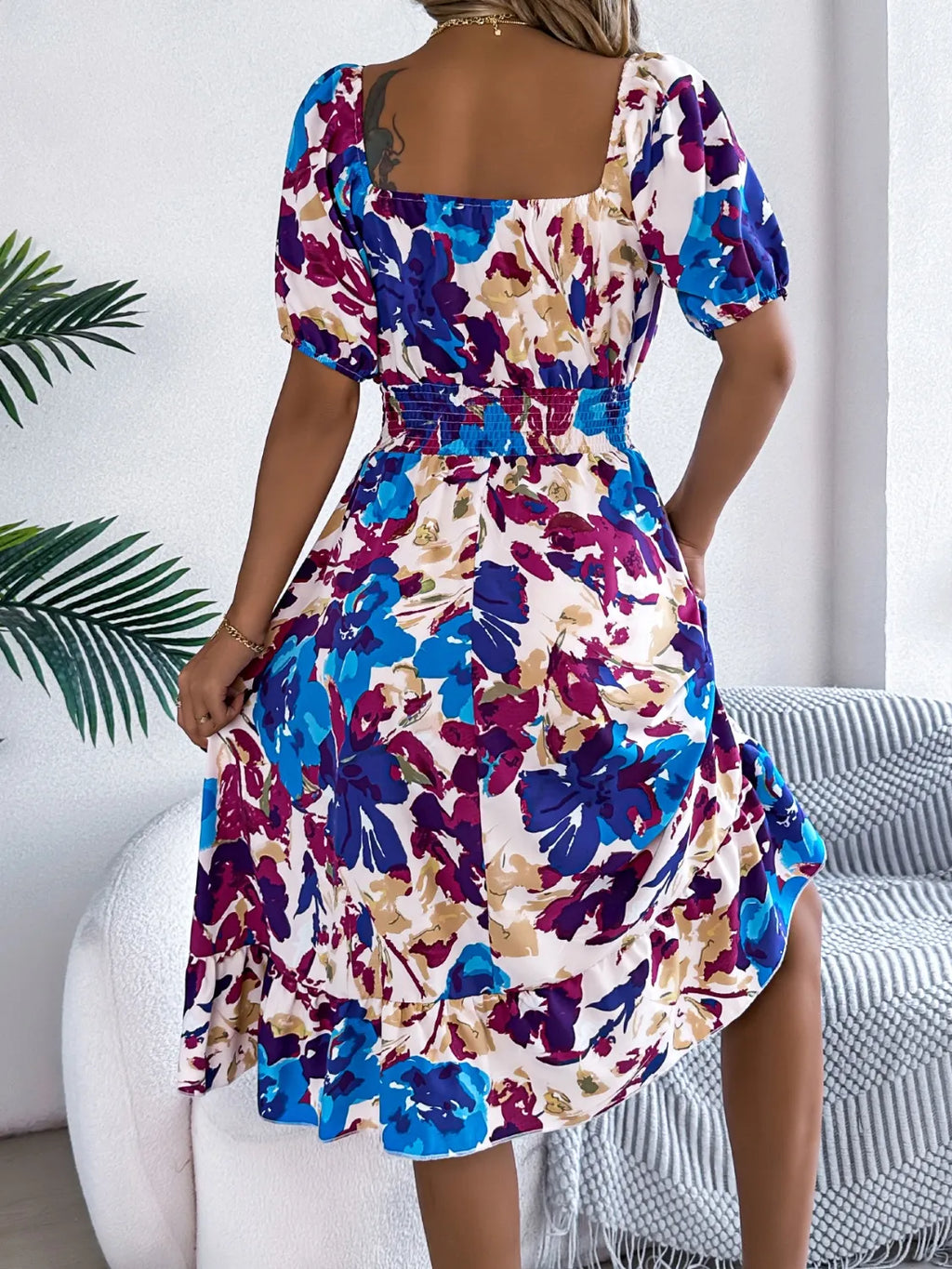 Smocked Ruffle Hem Floral Midi Dress