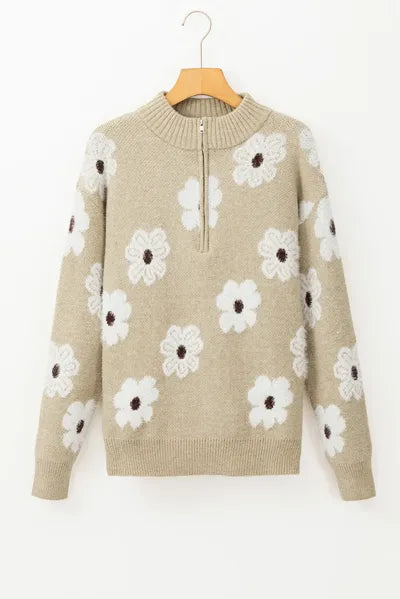 Floral Half-Zip Long Sleeve Knit Sweater