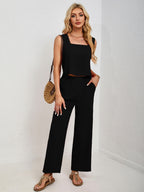 Square Neck Tank & Wide-Leg Pants Set - Chic & Versatile Black