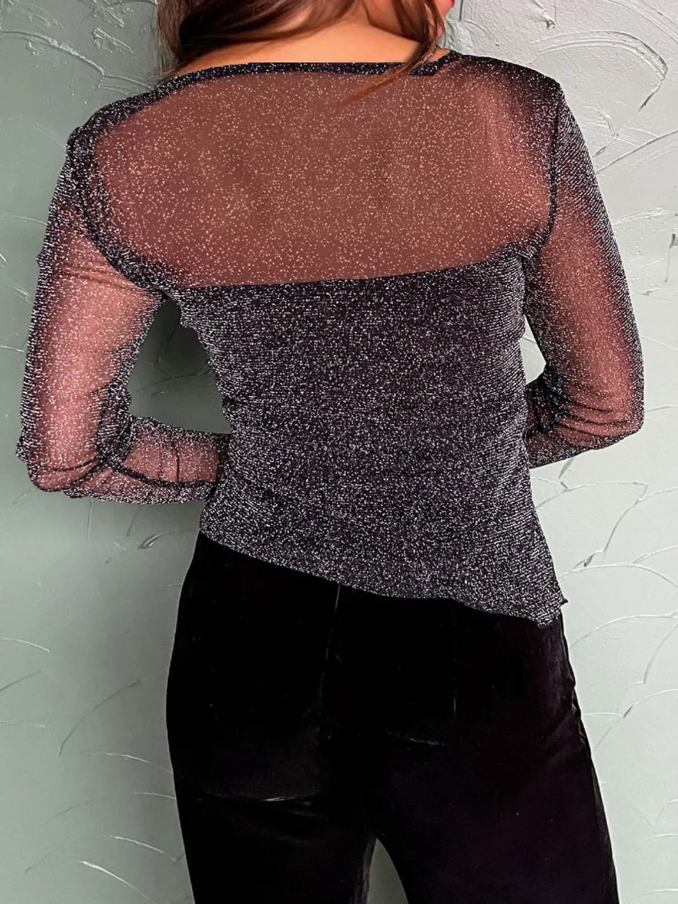 Sheer Metallic Glitter Mesh Long Sleeve Top