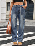 Drawstring Wide-Leg Cargo Jeans Blue