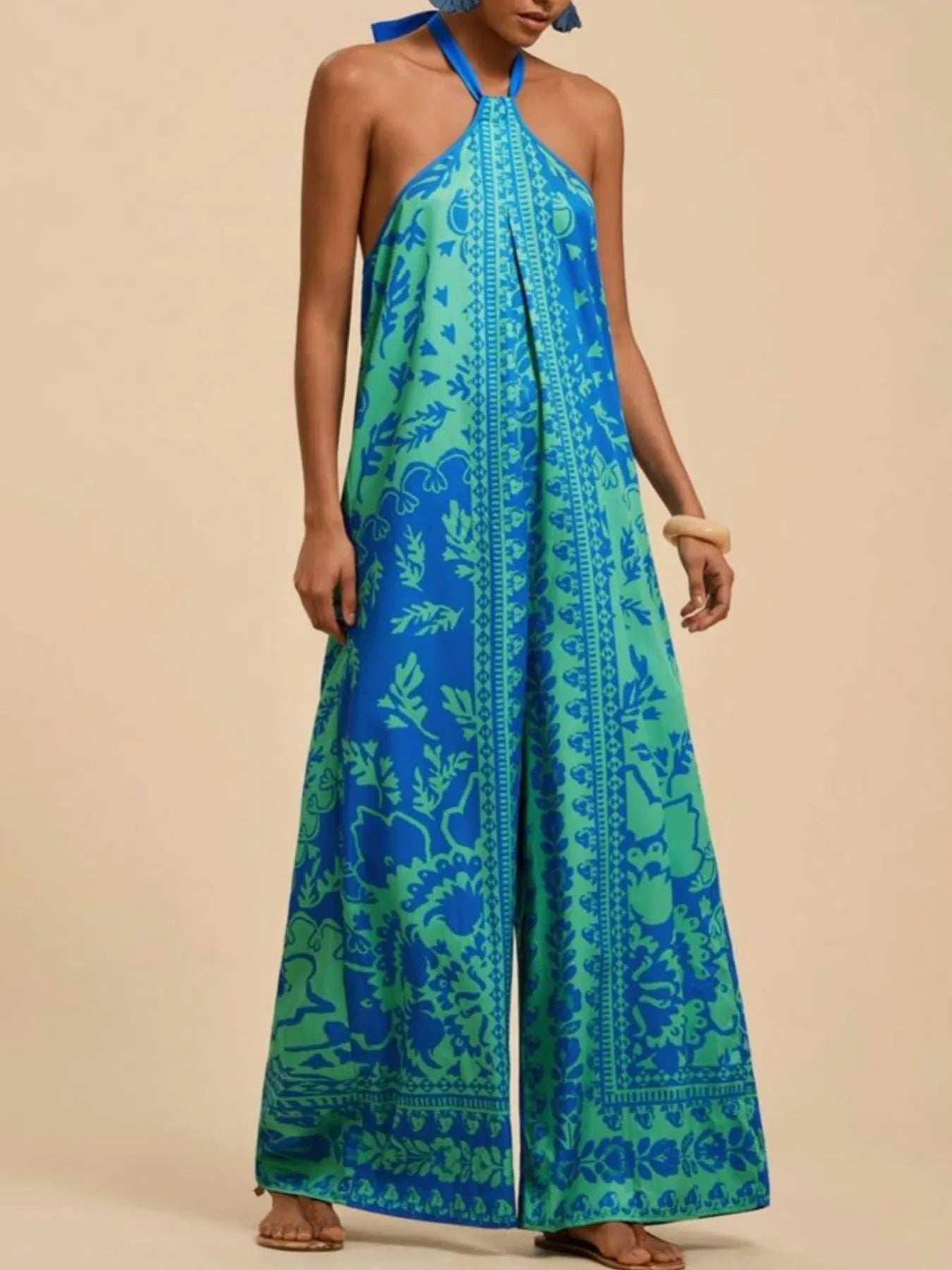 Boho Printed Halter Neck Wide-Leg Jumpsuit Sky Blue