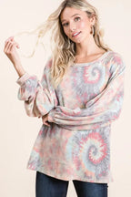 BiBi Brushed Tie Dye Print Top with Puff Sleeves