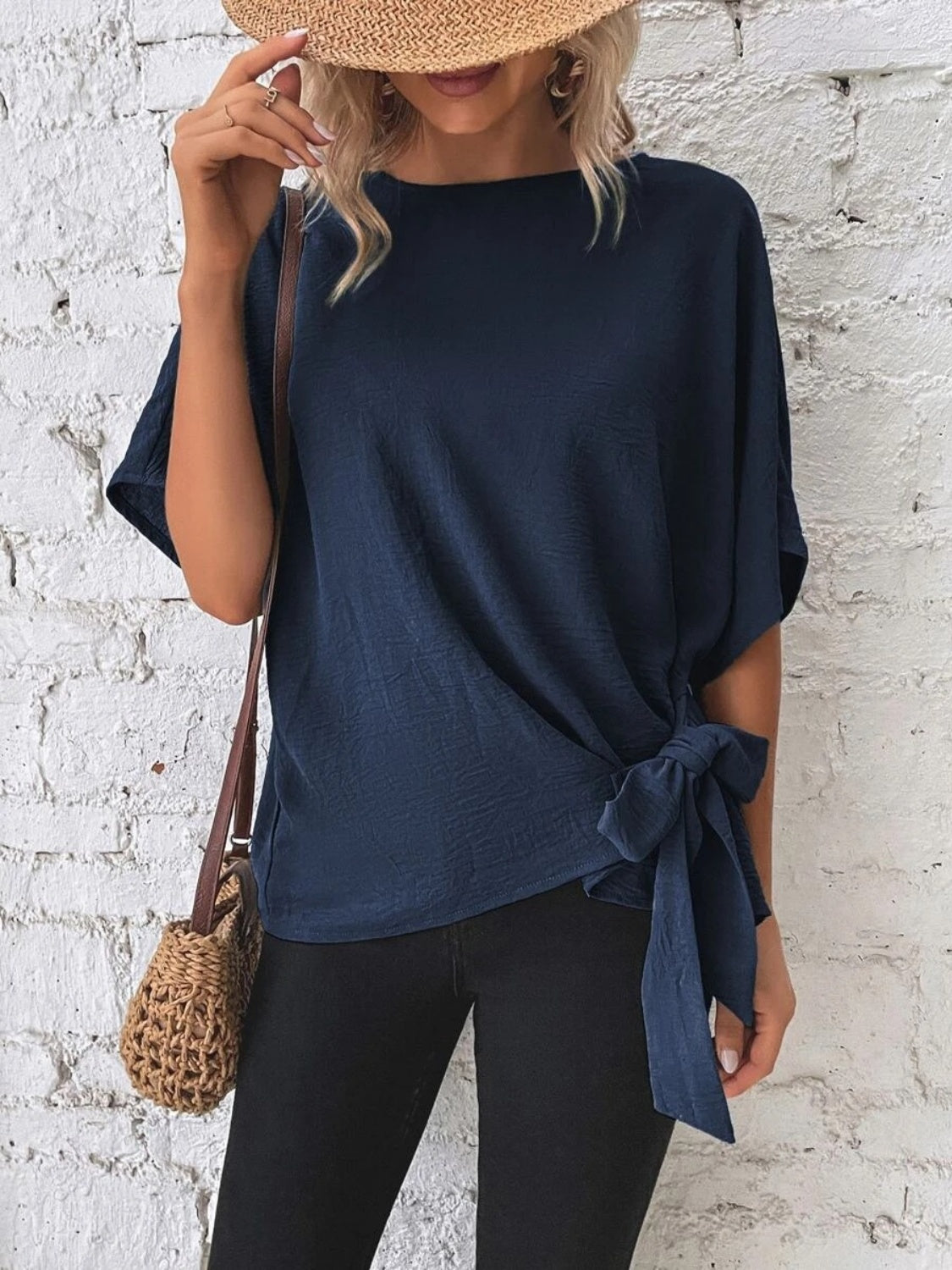 Knotted Round Neck Blouse with Half Sleeves and Button Detail