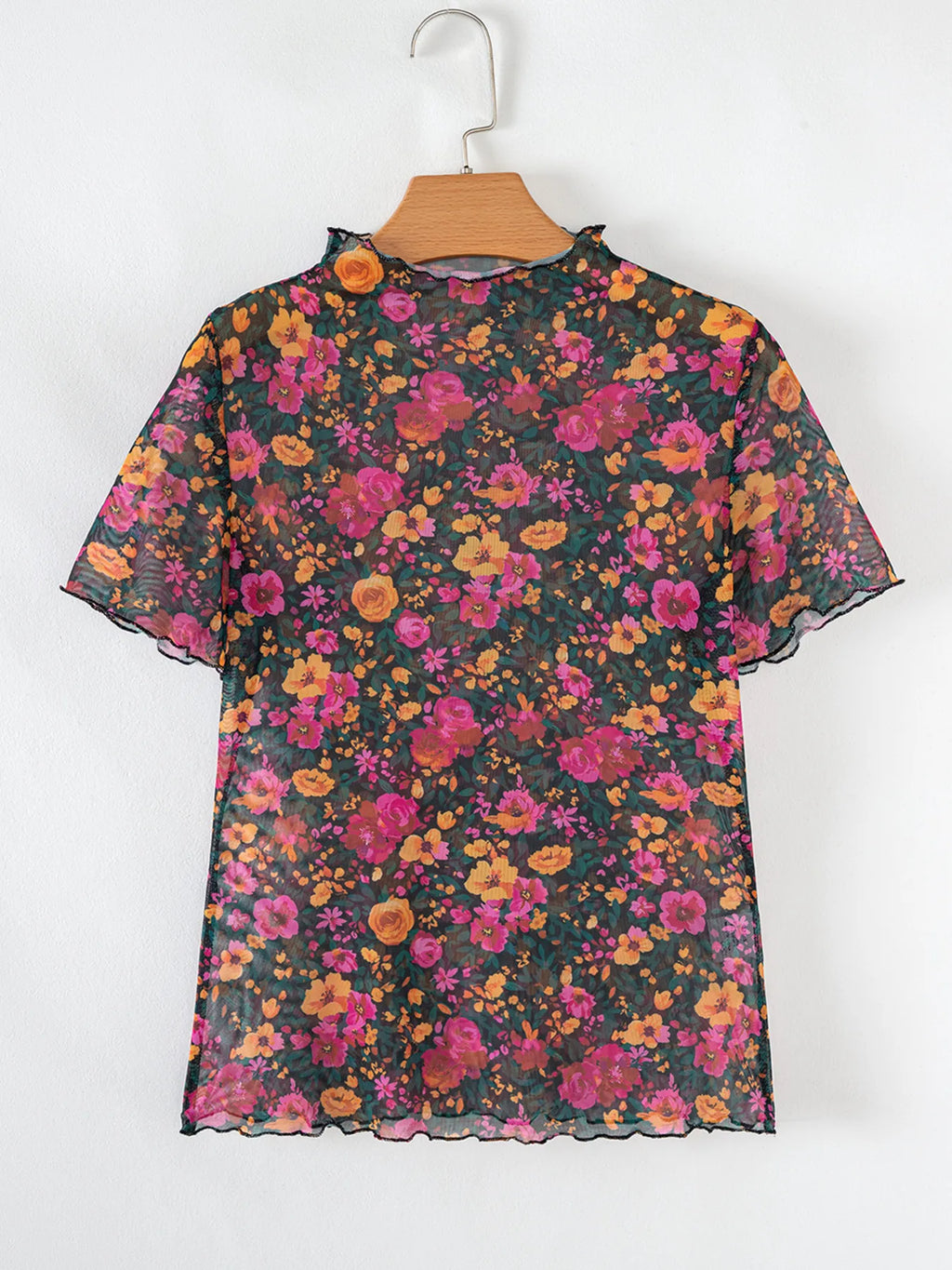 BloomMist Floral Mesh Mock Neck Short Sleeve Top