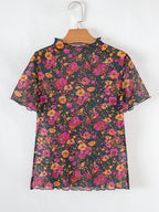 BloomMist Floral Mesh Mock Neck Short Sleeve Top