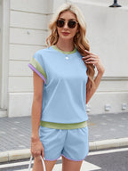 Contrast Round Neck Top and Shorts Set - Stylish & Comfortable