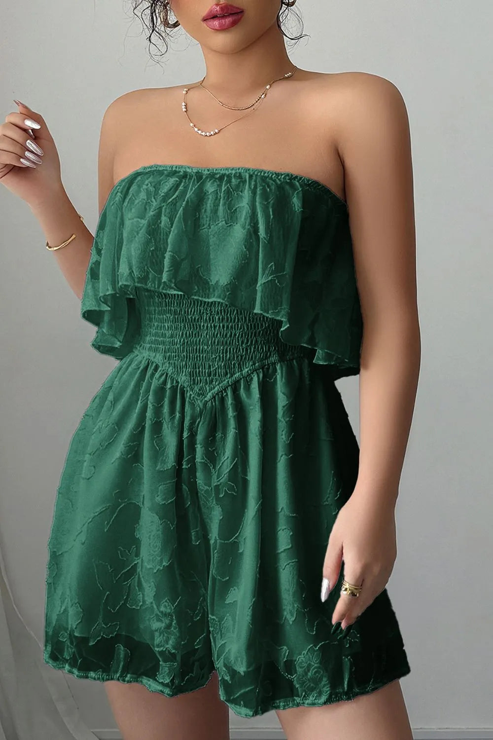 Strapless Ruffle Smocked Waist Romper Dark Green