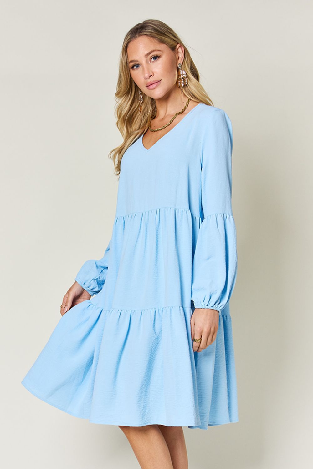 Full Size V-Neck Tiered Balloon Sleeve Dress with Pockets