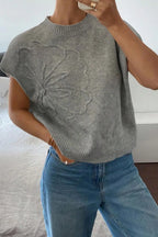 Flower Pattern Ribbed Trim Short Sleeve Boxy Sweater