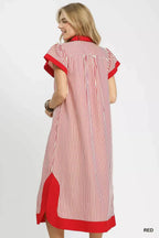 Umgee Floral Embroidered Stripe Caftan Dress with Side Slits