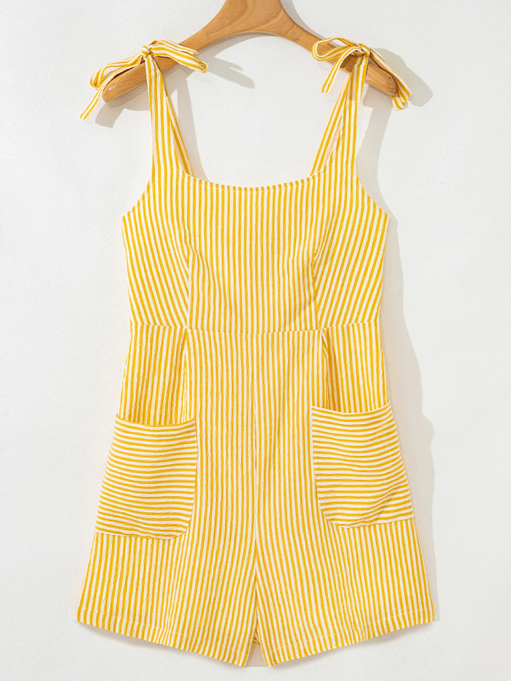 Striped Shoulder-Tie Smocked Back Casual Romper