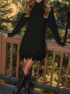 Fringe Detail Turtleneck Long Sleeve Sweater Dress