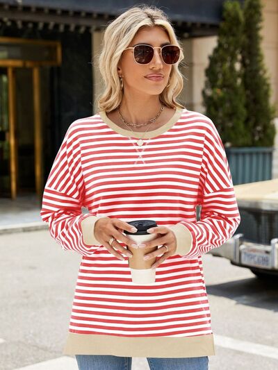 Chic Striped Slit Detail Long Sleeve Sweatshirt