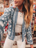 Floral Embroidered Button-Up Denim Shirt Light Gray