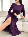 Elegant Long Sleeve Ruffle Hem Midi Dress Plum Purple