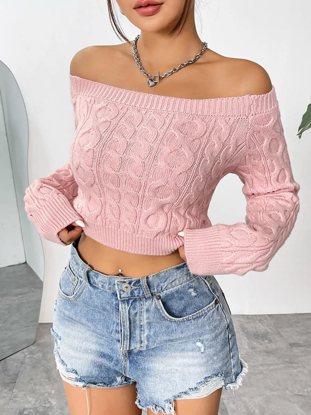 Off-Shoulder Cable-Knit Long Sleeve Sweater Top
