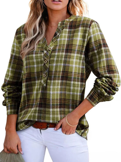 Classic Plaid Half Button Long Sleeve Blouse