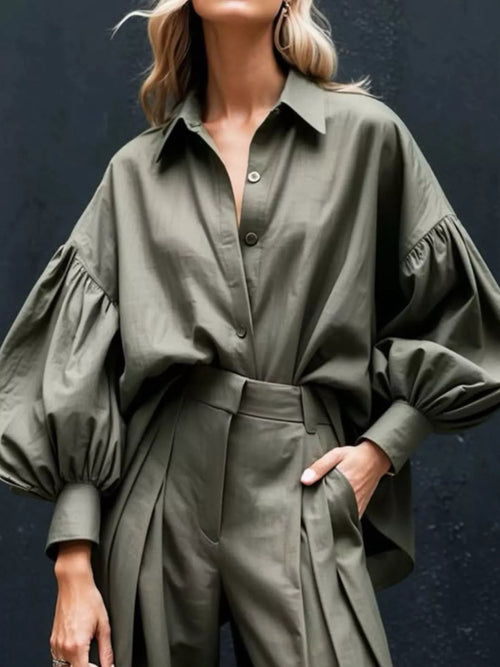 Elegant Lantern Sleeve Top & Wide-Leg Pant Co-Ord Set Army Green