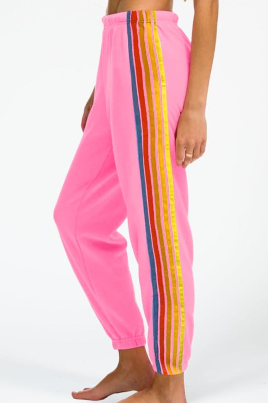 Contrast Striped Elastic Waist Active Pants Pink