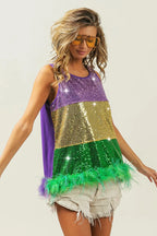 BiBi Mardi Gras Color Block Sequin Top with Faux Feather Hem